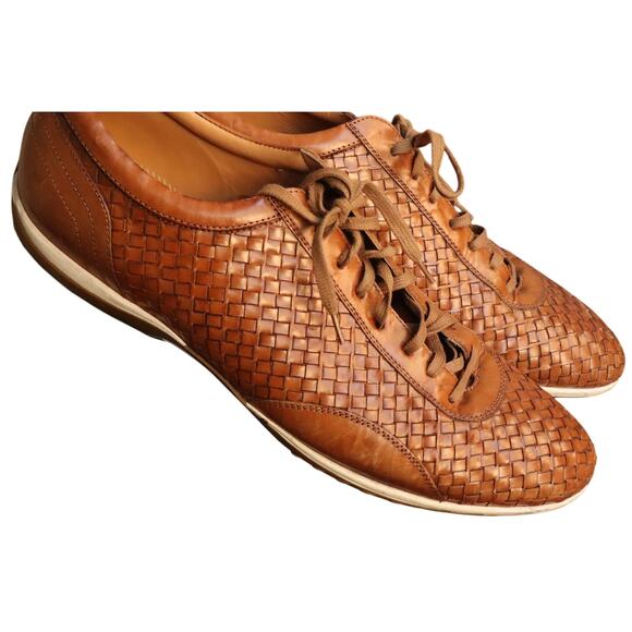 Paul Fredrick Shoe Mens 12 Italy Woven Chestnut Tan Leather James Sneaker 119C